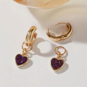 A91. Luna Norte Heart's Accelerated Huggie Hoop Earring Gold - Plum Druzy